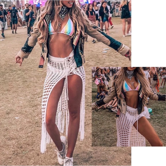 Open Knit Lace-Up White Cover-Up Skirt NEW - Picture 2 of 7